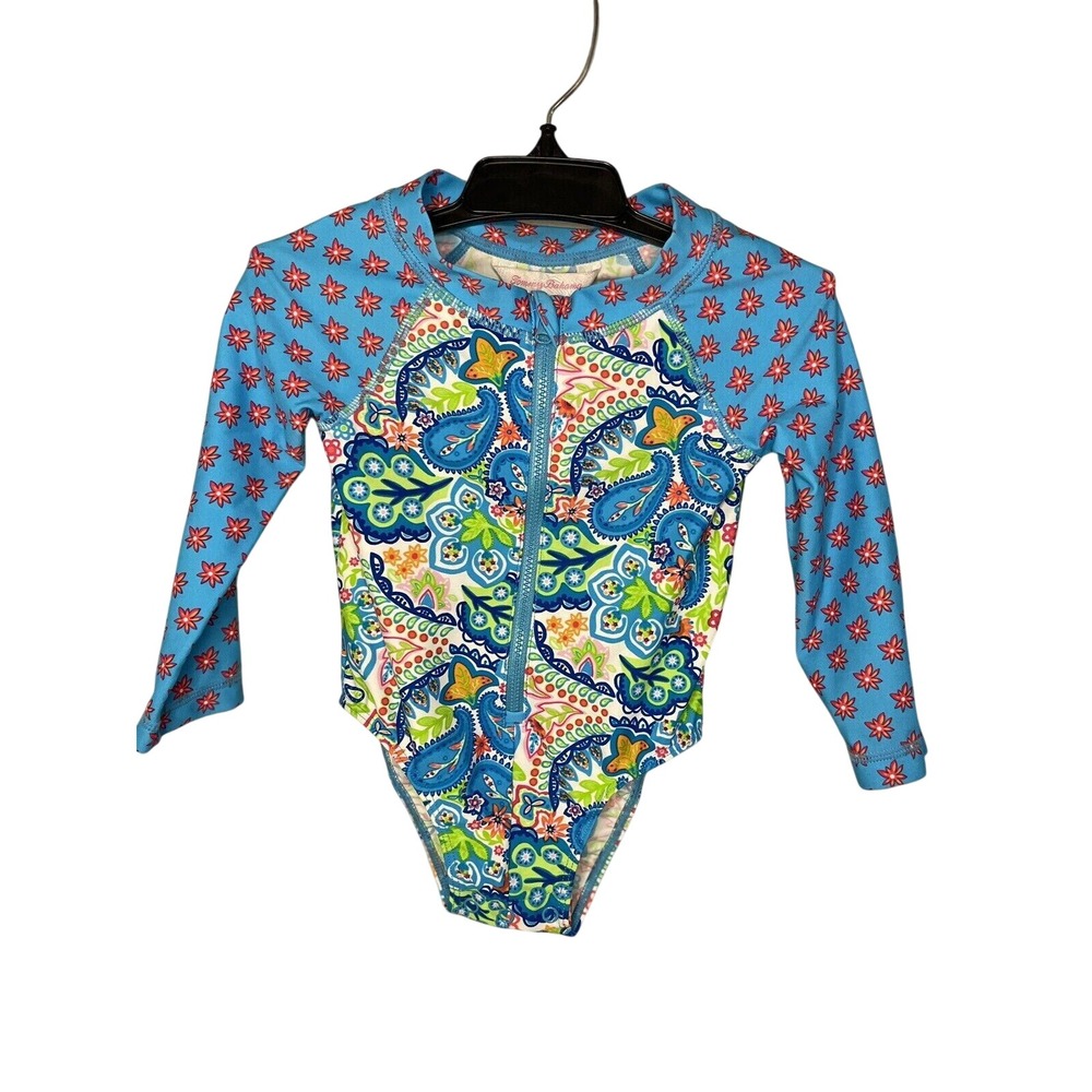 Tommy Bahama One Piece Rash Guard Baby Girls 18M Blue Paisley Floral Swimsuit